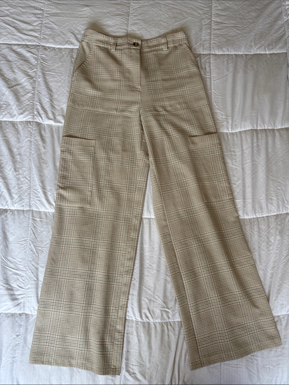 Topshop Plaid Wide-Leg Trousers in Light Beige